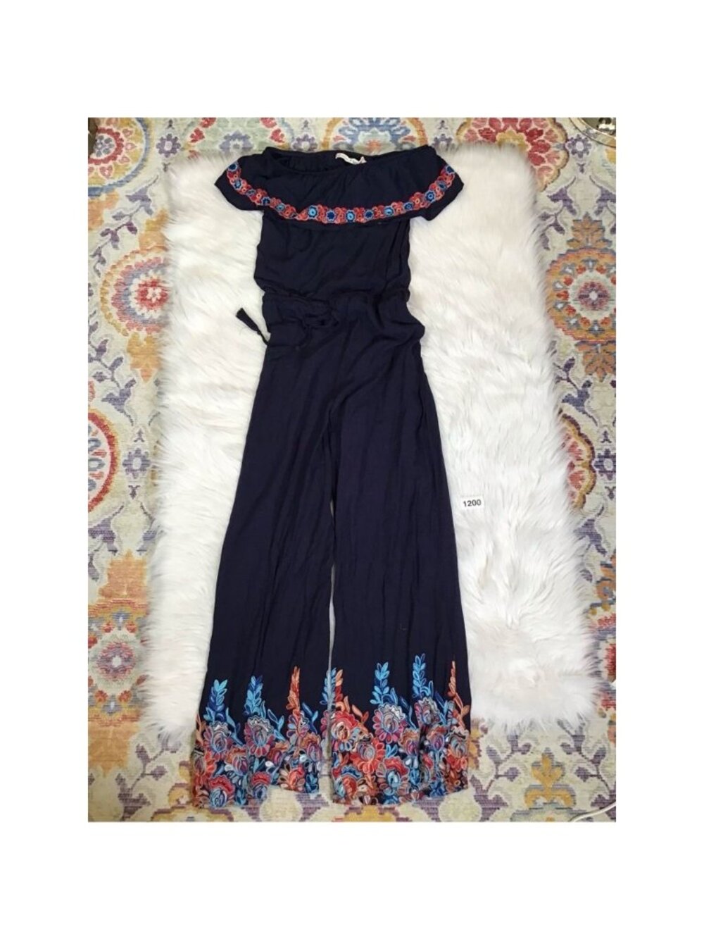 Jumpsuit Chelsea & Violet Womens Med Navy Blue Off Shoulder Embroidered Long Boh - Picture 2 of 9